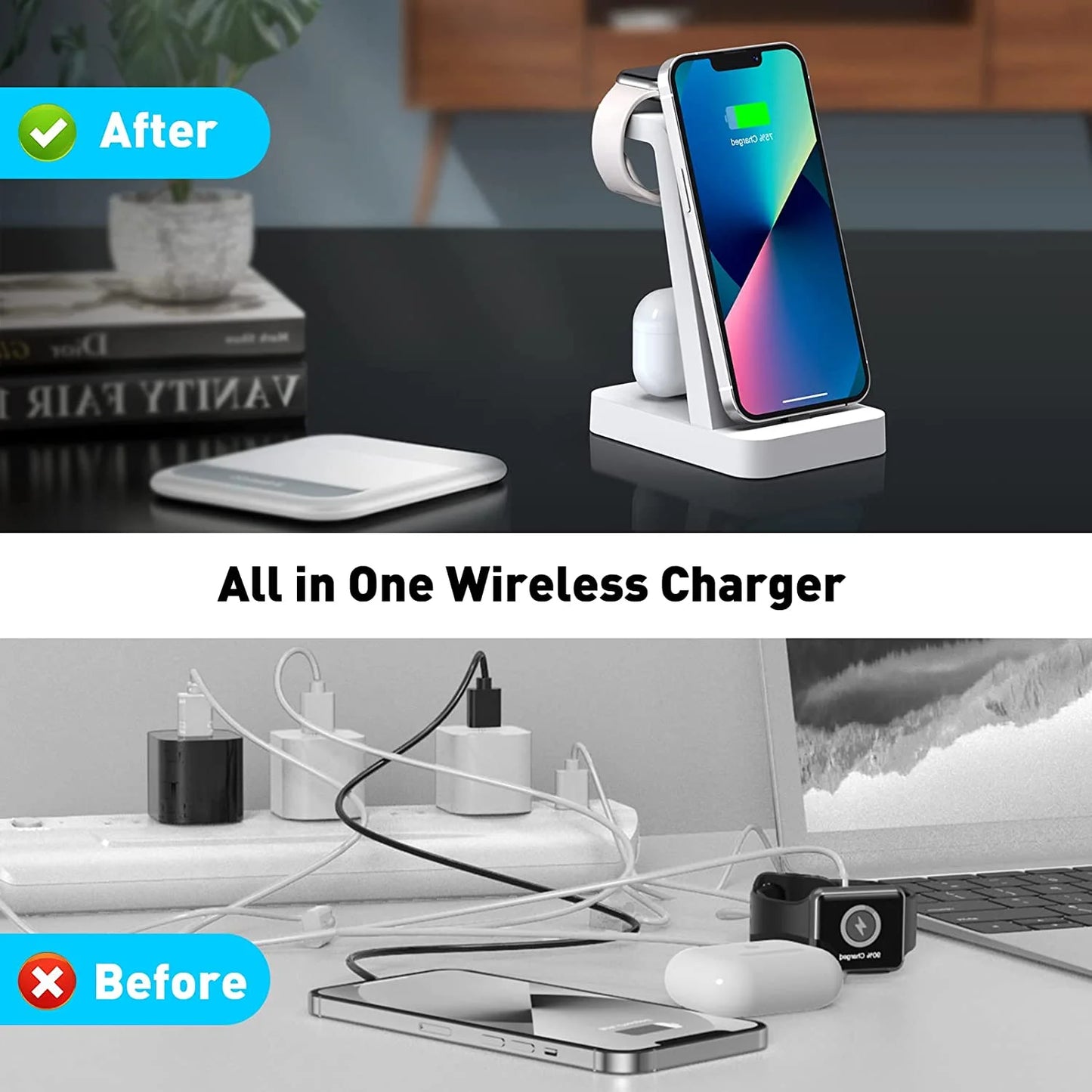 Charger Station for Apple Multiple Devices - 3 in 1 Fast Wireless Charging Dock Stand for Apple Watch & for Iphone 14 13 12 with Adapter, White